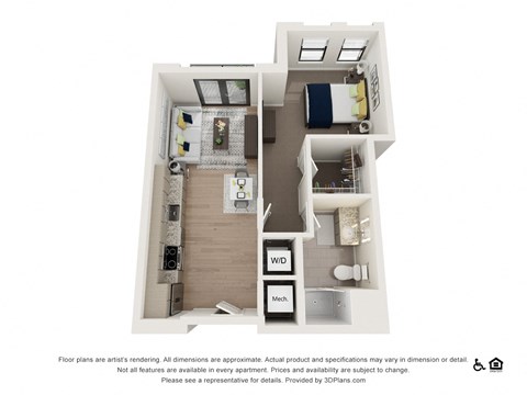 Floor plan for 1 bed, 1 bath, 658 sqft